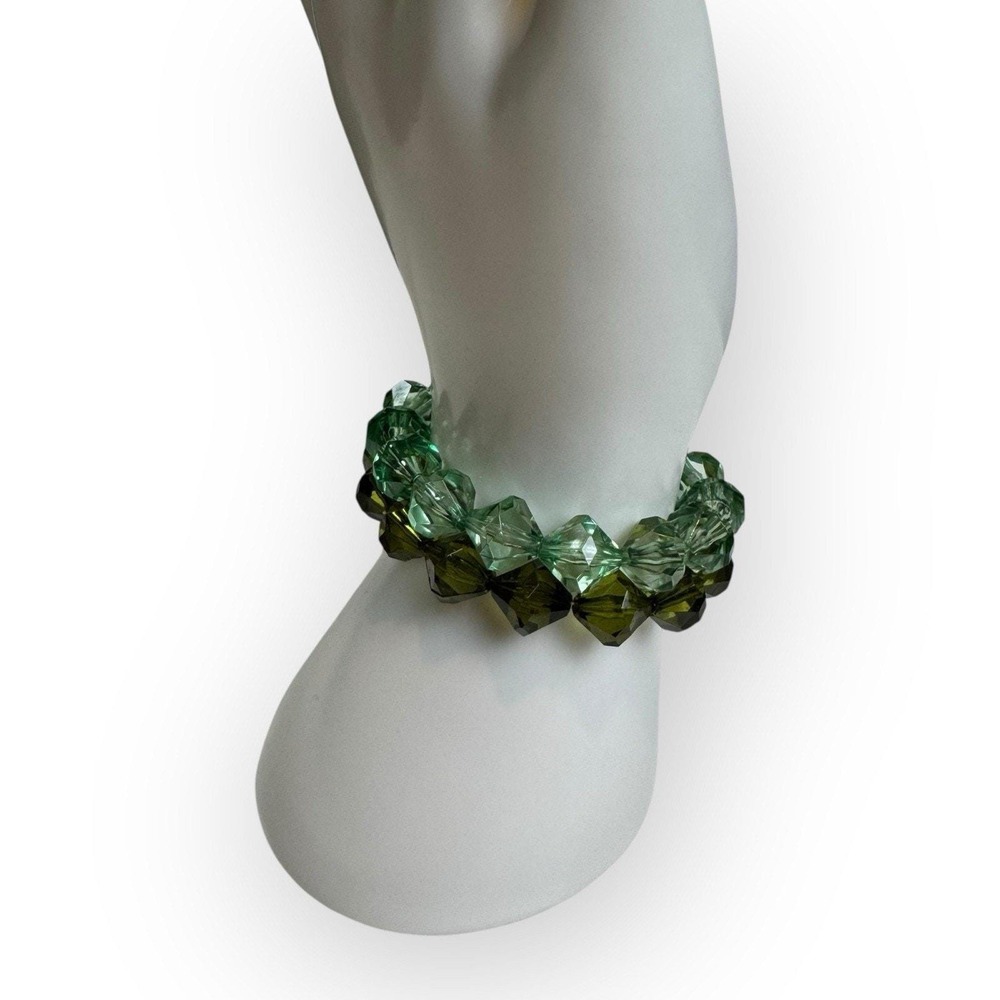 Y2K Green Faceted Bead Stretch Bracelets Set of 2 Chunky Statement Vintage